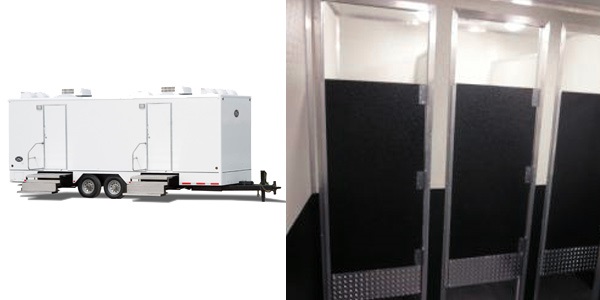 The Wall St Restroom Trailer Rental With Men's & Women's Rooms and Private Bathroom Stalls and Urinals.